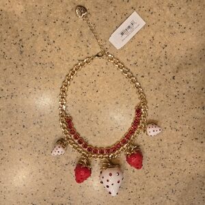 NWT Betsey Johnson Red and White Strawberry Rhinestone Gold Necklace